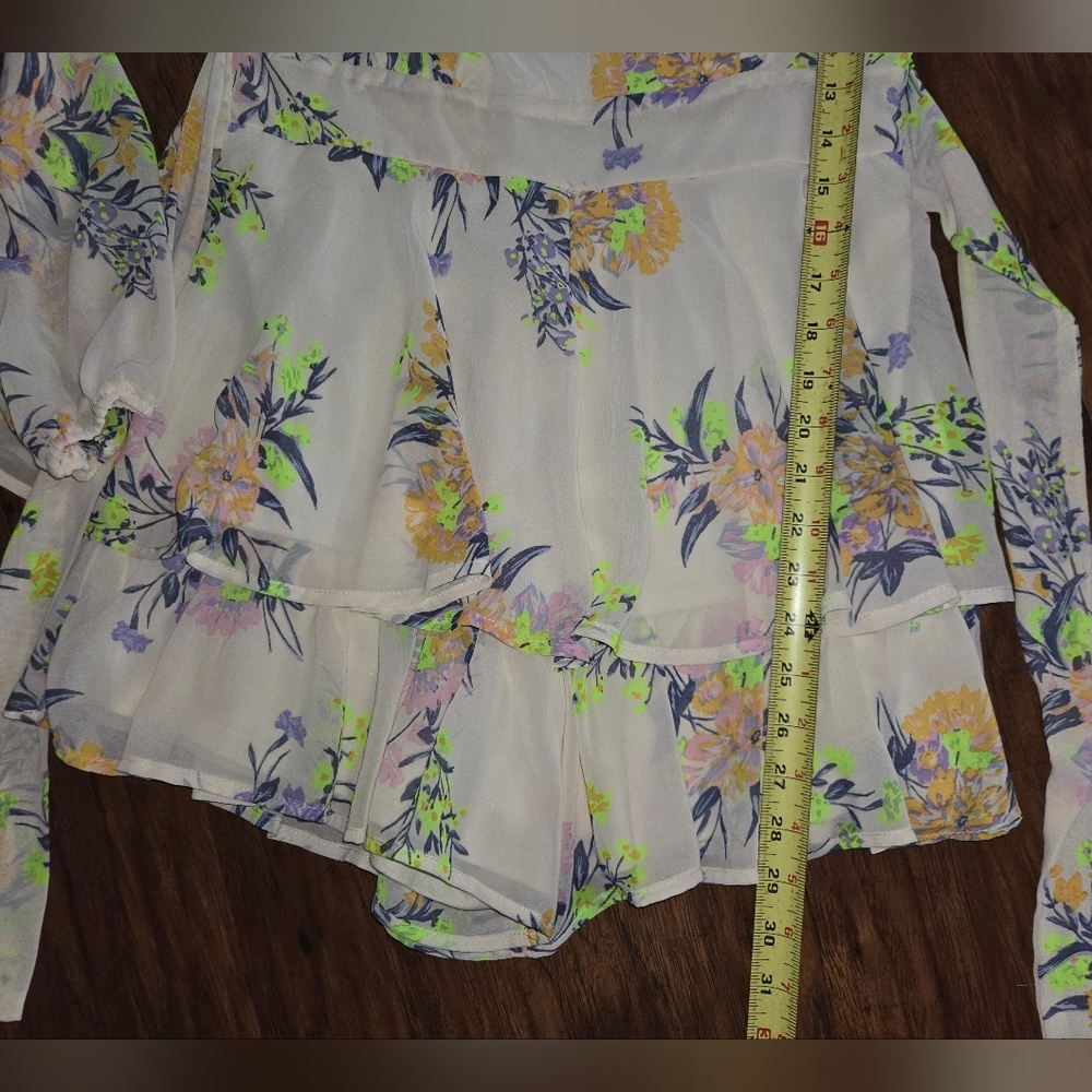 Altar'd State Ivory Floral Long Sleeve V Neck Ruffle Romper - Picture 9 of 12